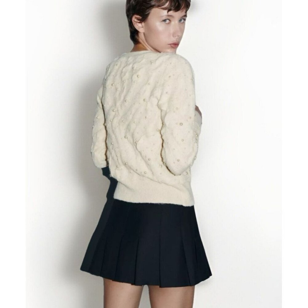 Zara Embellished Cream Beaded Sweater Cardigan - Picture 3 of 10